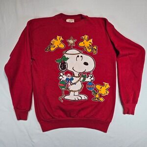 Vintage Peanuts Snoopy Woodstock Christmas Sweatshirt Red Glitter Large USA Made